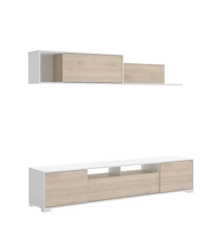 Conjunto mueble salon television Fuerte del Rey en blanco y natural 180 cm(alto)200 cm(ancho)41 cm(largo)
