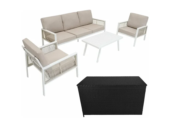 Conjunto para Exteriores de aluminio 5 plazas (4piezas) blanco + Caja en ratán Negro 582L
