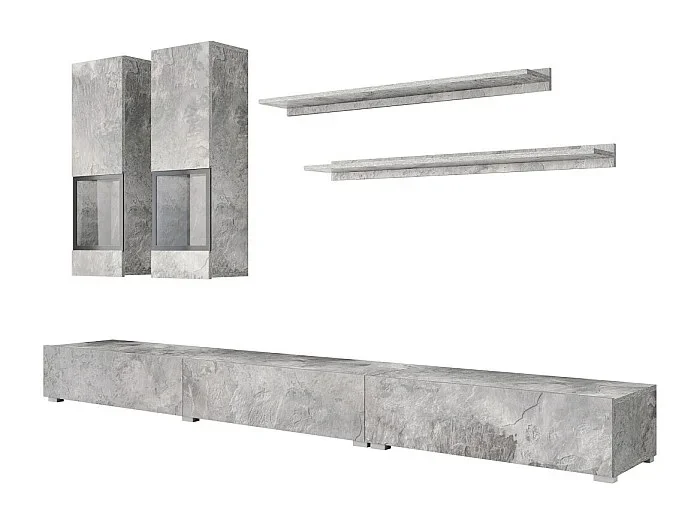 Conjunto para sala RAMOS – Gris efecto concreto – Mueble para TV XL + vitrinas + estantes – Sin LED
