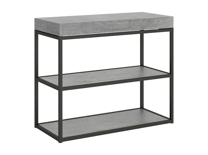 Consola extensible con estantes Spacio 90×40/196 o 90×40/300 cm-Color Gris cemento-3 alargaderas gruesas