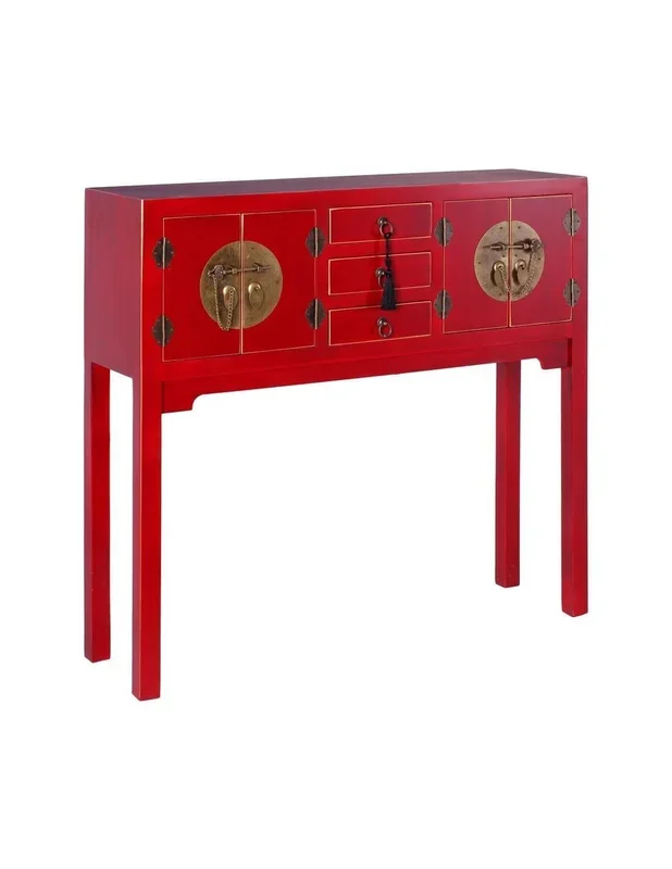 Consola Oriental TAO 95 x 26 cm, 4 puertas y 3 cajones color rojo.