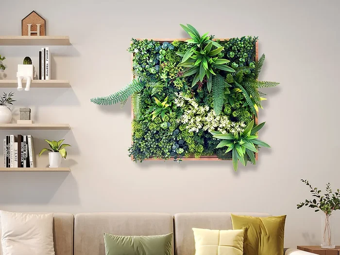 Cuadro vegetal sintético 55 x 55 cm – Marco natural, follaje verde – LOVARK