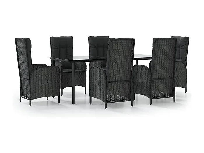 De Haan Set de comedor de jardín 7 pzas y cojines ratán sintético negro