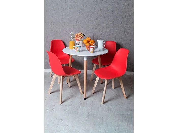 Descuento extra – Conjunto Mesa Tower Redonda 80 cm Blanca y Pack 4 Sillas Kelen – Rojo