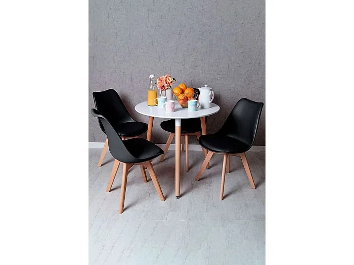 Descuento extra – Conjunto Mesa Tower Redonda 80 cm Blanca y Pack 4 Sillas Synk Basic – Negro