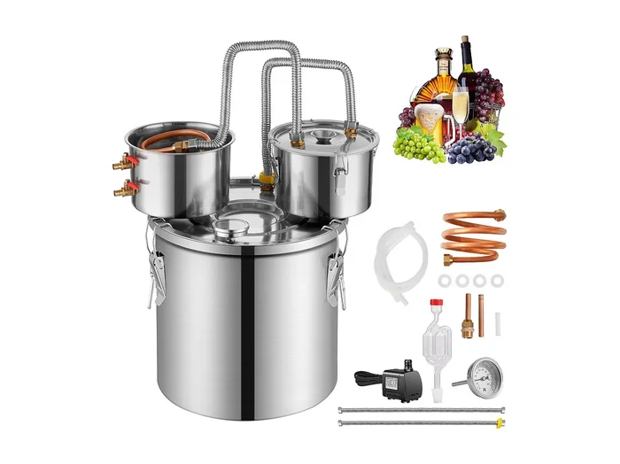 Destilador de Alcohol SucceBuy Destilador de Agua sin Gas de 11 L con Barril Thumper y Bomba de Agua de 8 W Bomba