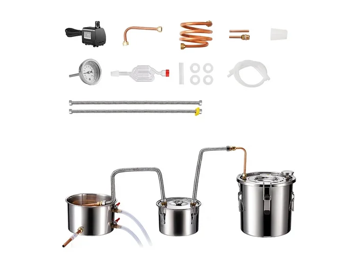 Destilador de Alcohol SucceBuy Destilador de Agua sin Gas de 11 L con Barril Thumper y Bomba de Agua de 8 W