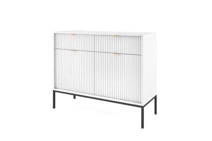 El aparador AVON tiene un estilo retro. Mide 83x104x39 cm e incluye 4 estantes, 2 cajones y 2 puertas.