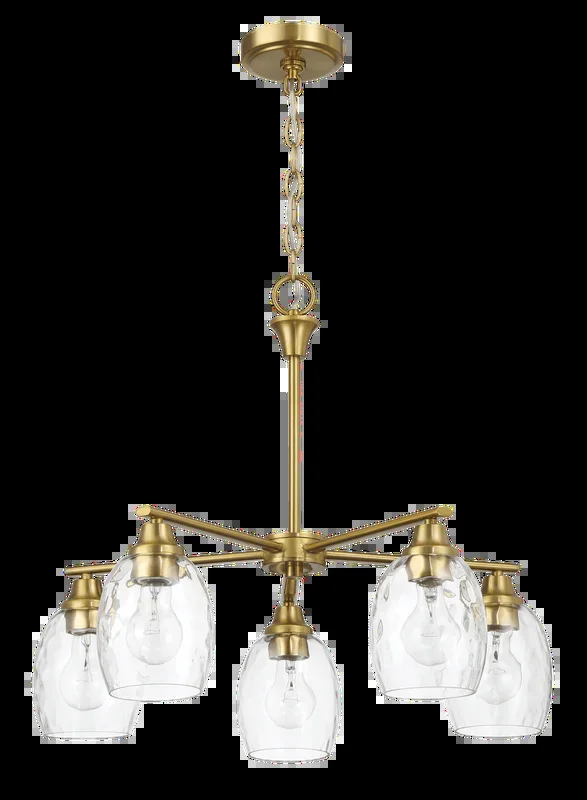 Elegance Five Lights Linear Arms with Golden Brass Finish Chain Chandelier 24″W × 8.5″H with Clear Water Glass