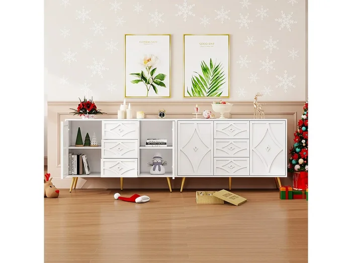 Elegante cómoda con diseño de rombos – Aparador blanco con 3 cajones, patas doradas, 120×40×80 cm, diseño moderno para salón, recibidor o dormitorio