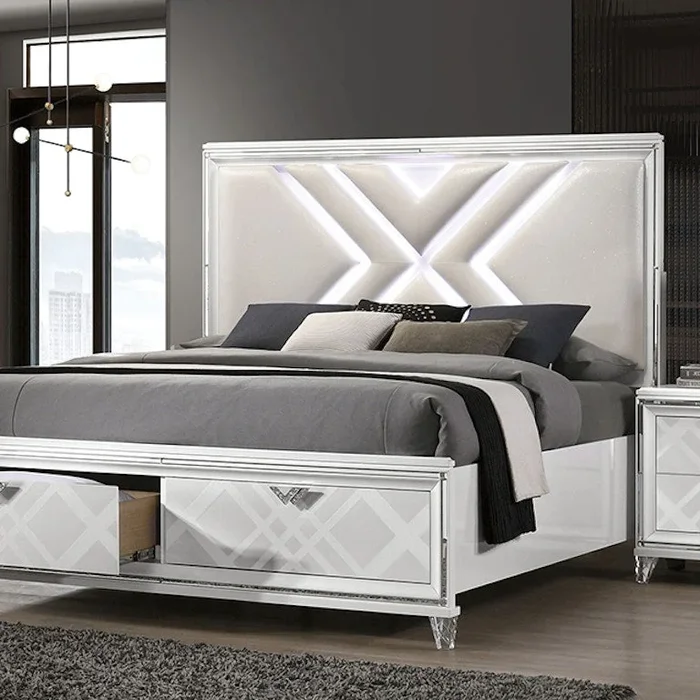 Emmeline White LED Queen Storage Platform Bed