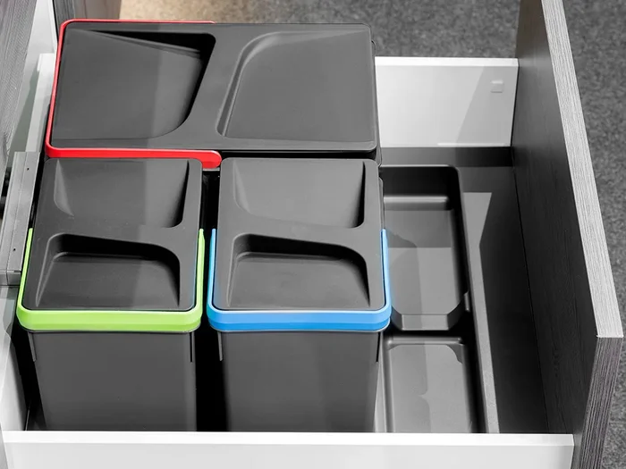 Emuca Base para contenedores de cajón cocina Recycle, 3 huecos, módulo 900mm, Plástico gris antracita