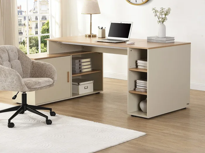 Escritorio de esquina con almacenamiento – MDF – Beige y natural – ROMIARA