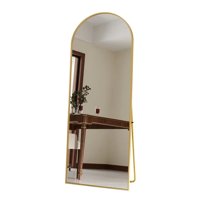 Espejo curvo completo, 165 x 60 cm, Espejo de suelo grande de cuerpo entero, Espejo sobre pata curva, suspendido, elíptico, para entrada de salón dormitorio, Dorado