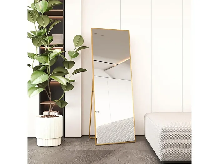 Espejo de cuerpo entero 162×53 cm, de pie o para colgar, rectangular, marco de aleación de aluminio dorado, ideal para sala de estar o dormitorio