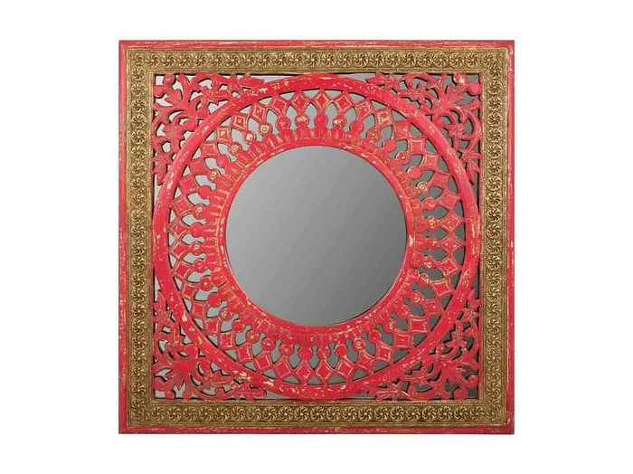 Espejo de madera artesanal rojo 60,5×1,5×60,5 cm