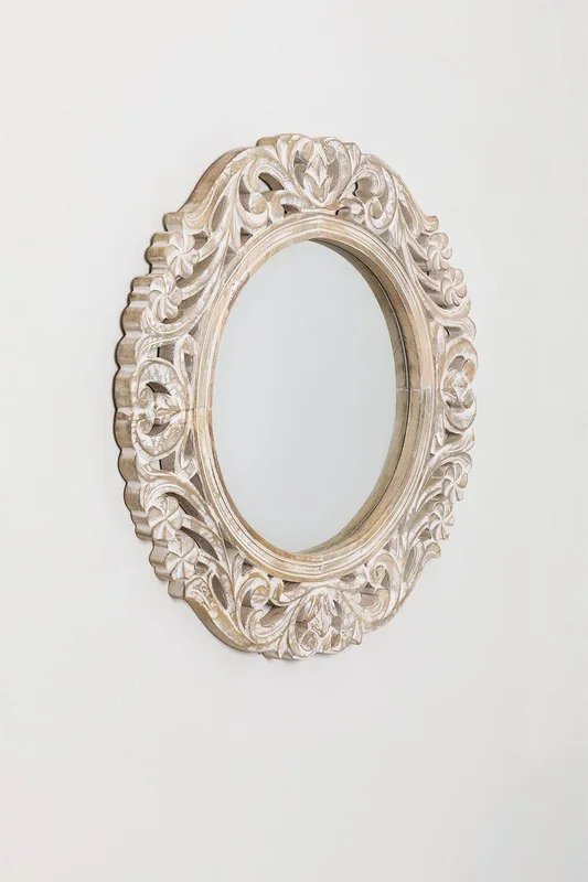 Espejo de Pared Redondo en Madera de Mango Zargor Madera Blanca Vintage – SKLUM