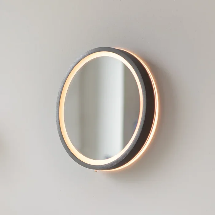 Espejo LED de pared VIDRO, gris, Ø 26 cm, batería externa, interruptor