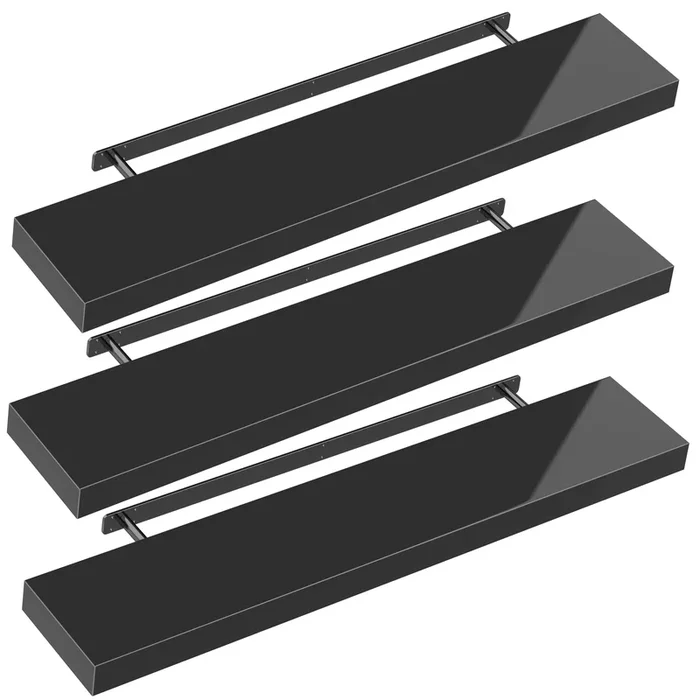 Estante de pared Estante suspendido 110cm juego de 3 negro alto brillo + soporte