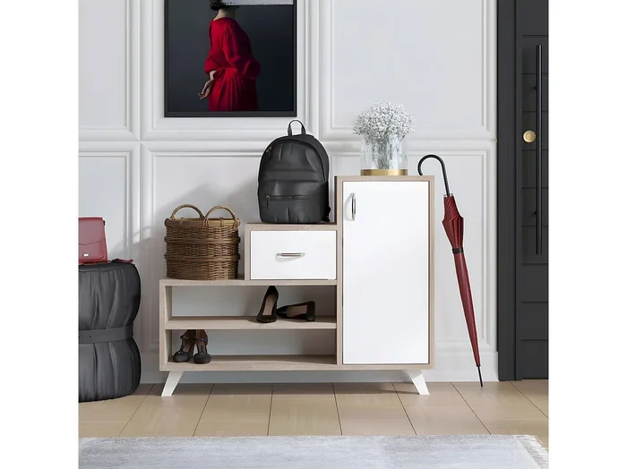Estante del zapato Kailua 1085, Blanco Pino, 90x77x33cm, Aglomerado laminado