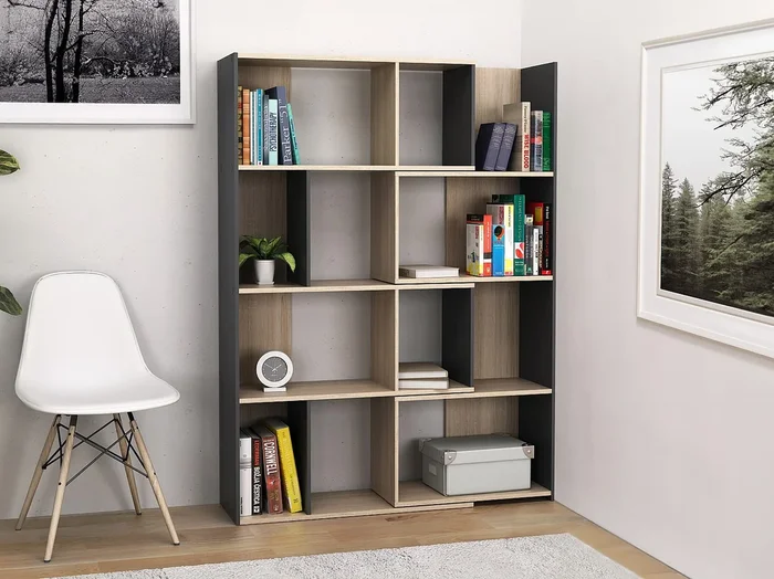 Estantería de esquina modular – 8 a 12 estantes – Natural y antracita – DARLENA