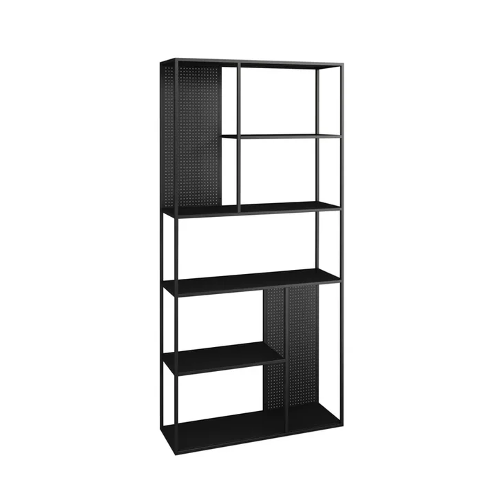 Estantería de pie Vehmaa de 7 compartimentos abiertos + panel perforado acero 188 x 90 x 35 cm – Negro [en.casa]
