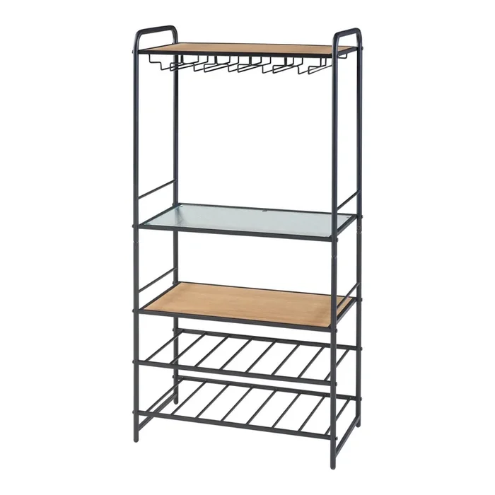 Estantería de vino Hustadvika con portavasos metal MDF 120x61x33 cm – Negro/Roble [en.casa]