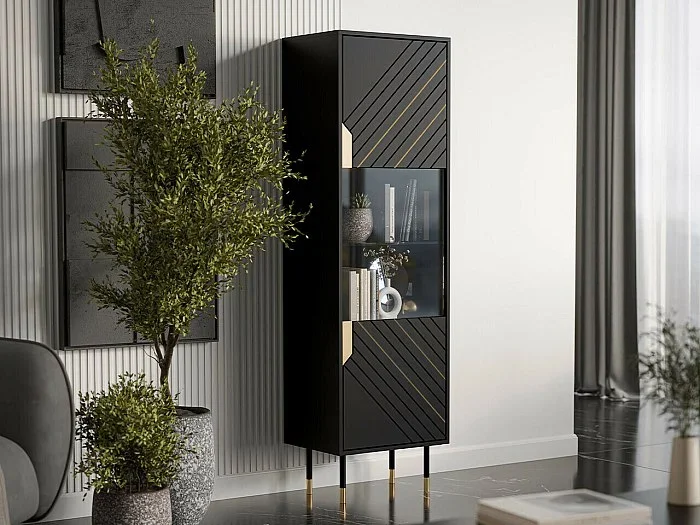 Estantería Elmteo 105, Con puertas Cerrable, Vidrio templado MDF Aglomerado laminado,