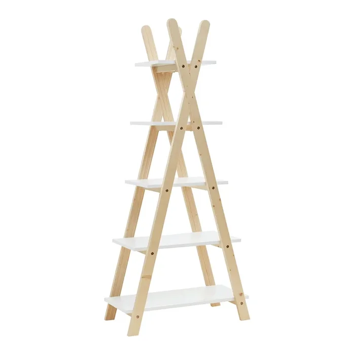 Estantería infantil Vanlilu de 5 niveles en forma A 145x65x32cm Natural/Blanco [en.casa]
