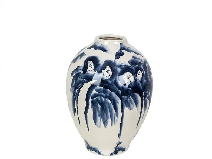 Florero Ceramica Blanco Flores Azul
