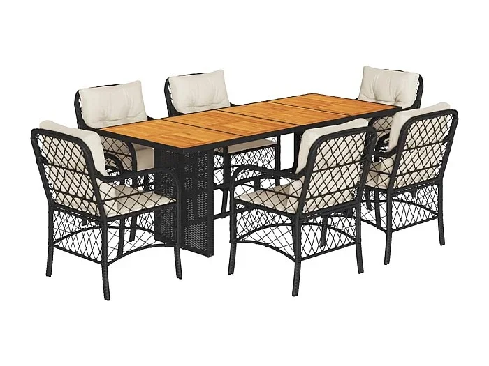 Fort Bragg Set de comedor de jardín 7 pzas y cojines ratán sintético negro