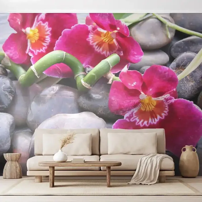 Fotomural Autadhesivo Deluxe Sticker – Frío y calor – flores, piedras, Orquídea – 350×256 cm