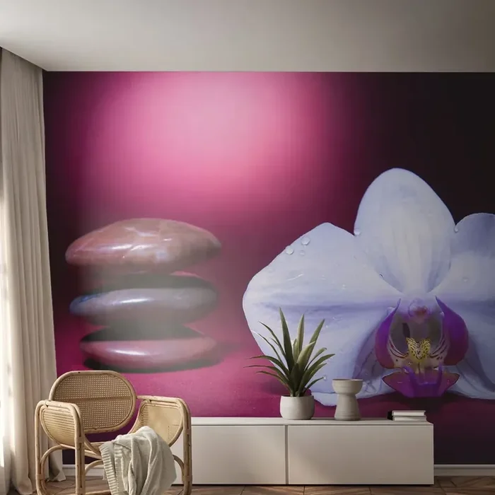 Fotomural Premium Canvas – Estudio de frescura en violeta – flores, Spa, piedras – 400×280 cm