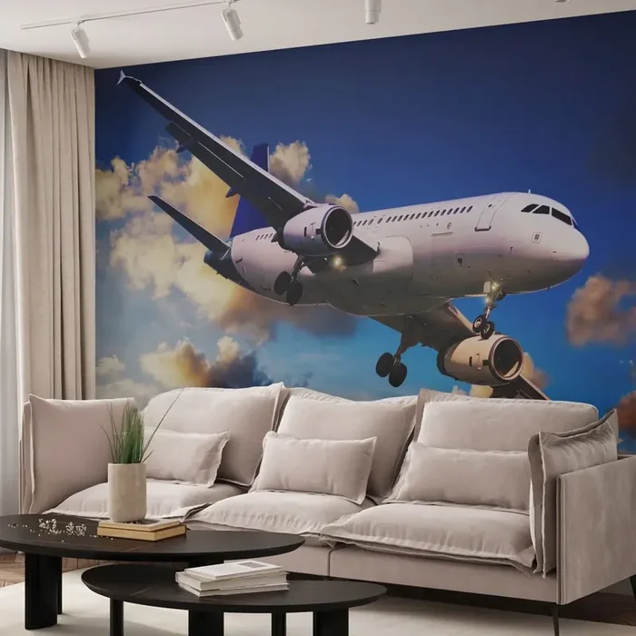 Fotomural Standard Eco – Un viaje en blanco y azul – Avión, Viaje, Cielo con nubes – 400×280 cm