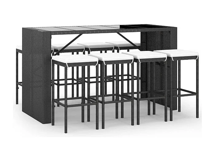 Grylin Mesa y taburetes altos jardín 9 piezas y cojines ratán PE negro