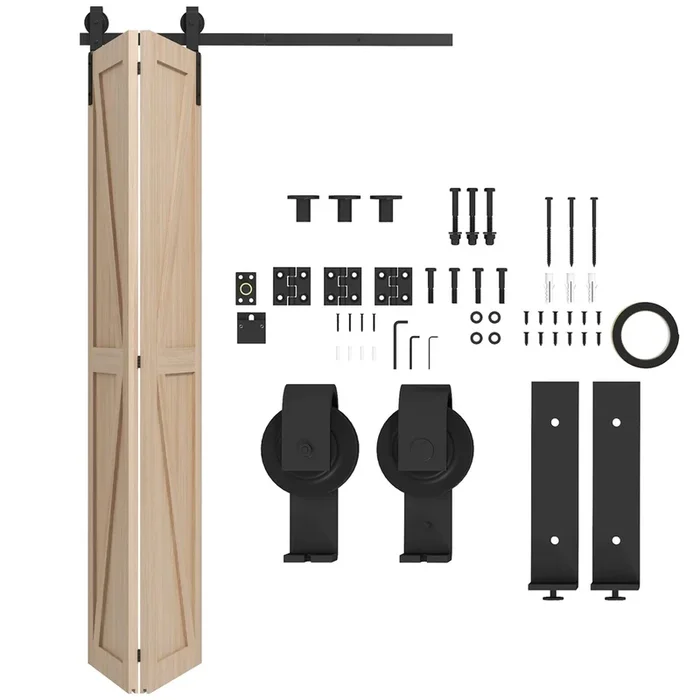 HOMCOM 4FT/122CM Herrajes para Puerta Corredera Plegable Kit de Puerta Corrediza para 2 Puertas con Riel para Granero Negro