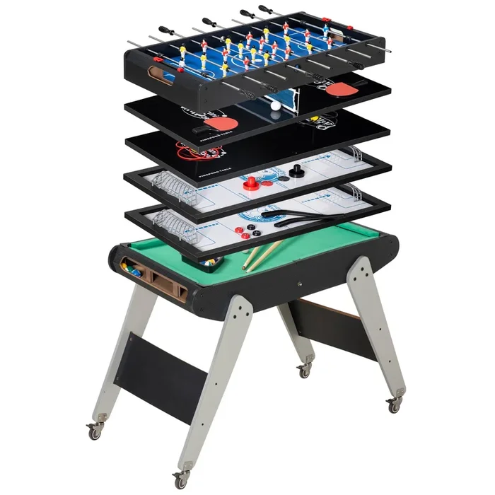 HOMCOM 6 en 1 Mesa Multijuegos para Niños de 7+ Años con Ruedas Mesa de Billar Futbolín Ping Pong Aro de Lanzamiento Hockey sobre Hielo Aire Hockey para Familia 120x88x79 cm Negro