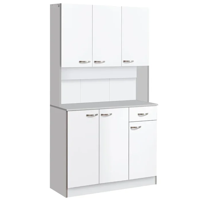 HOMCOM Alacena de Cocina Mueble Auxiliar de Cocina Alta con 6 Puertas Cajón Encimera Abierta y Estantes Ajustables Estilo Moderno Blanco Veteado 101x39x180 cm