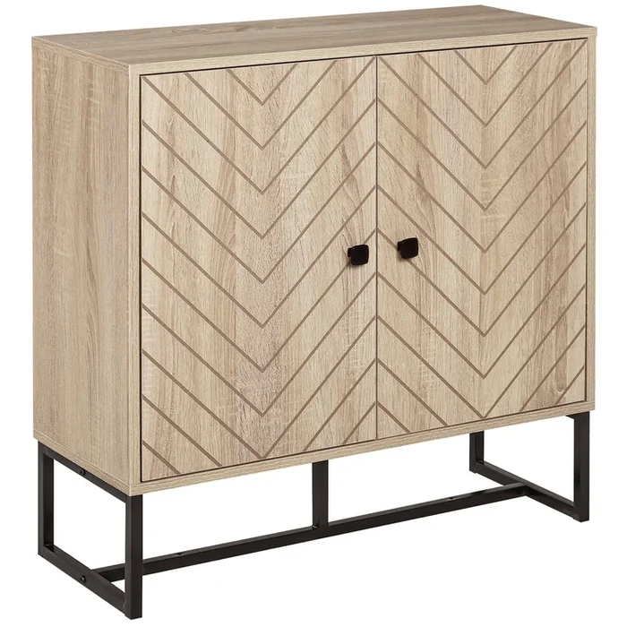 HOMCOM Aparador de 2 Puertas con Diseño Chevron, Aparador de Salón con Estante Ajustable, Patas de Metal, para Cocina, Entrada, Dormitorio, Roble, 80×29,5×80 cm