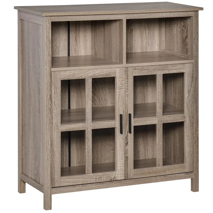 HOMCOM Aparador de Cocina Armario Buffet con 2 Puertas de Vidrio y 2 Compartimentos Abiertos Mueble Auxiliar de Almacenamiento para Comedor Salón 90x40x100 cm Roble