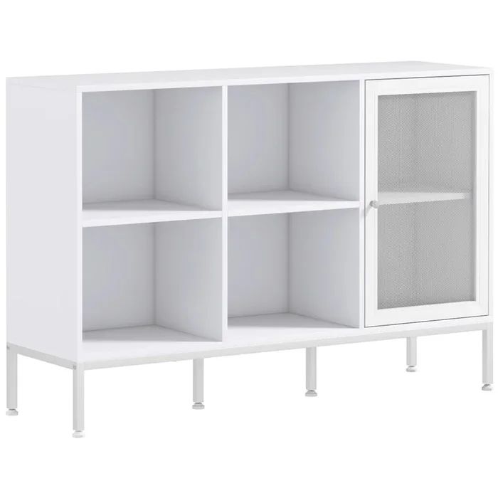 HOMCOM Aparador de Cocina Mueble Aparador con Puerta de Malla 4 Compartimentos Abiertos y Estante Ajustable Mueble de Cocina Moderno Bueffet para Salón Comedor 120x37x81,5 cm Blanco