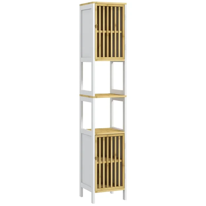 HOMCOM Armario Alto de Baño Columna de Baño Mueble Auxiliar de Baño con 2 Compartimentos Abiertos 2 Puertas de Rejilla y Estantes Ajustables 32x30x172 cm Blanco