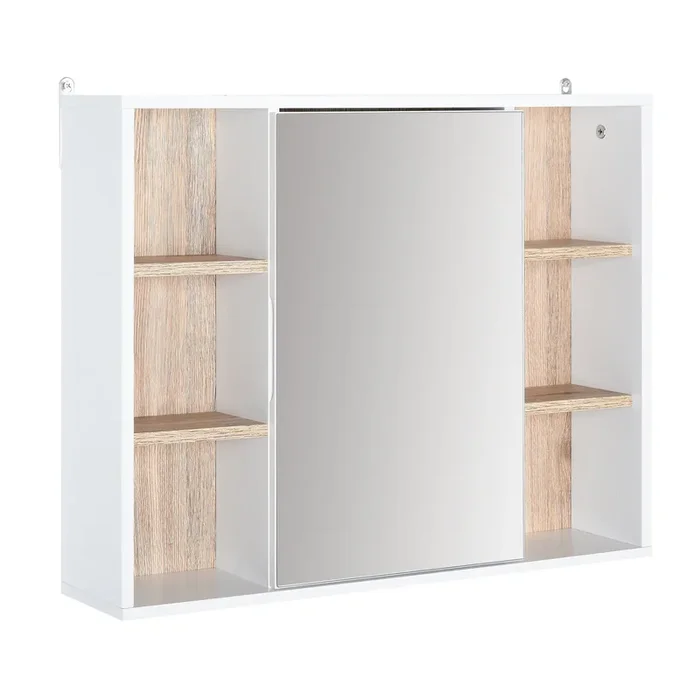 HOMCOM Armario Espejo con Espacio Interno con Estantes Ajustables Armario de Baño Montado en la Pared con Estantes Abiertos 60×14,5×49,4 cm Blanco y Roble