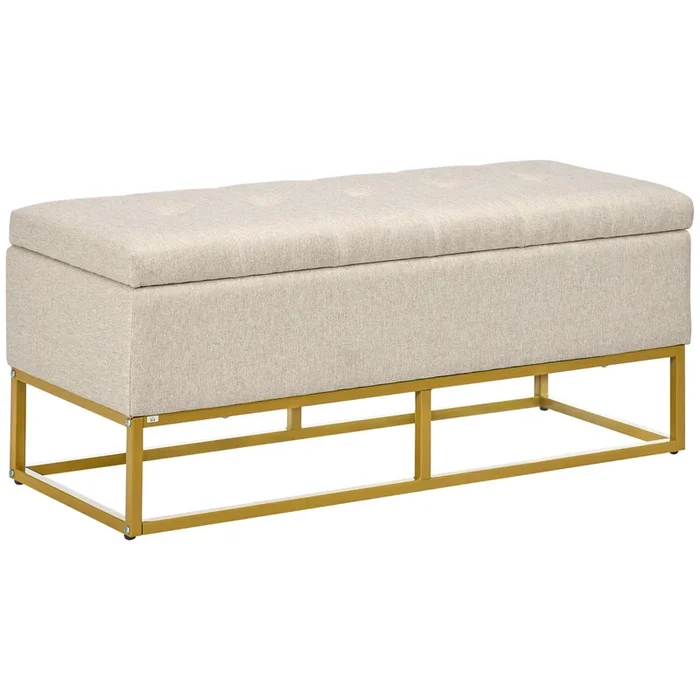 HOMCOM Baúl de Almacenaje para Dormitorio Puff de Almacenaje Tapizado de Lino Sintético con Tapa Abatible y Patas de Acero para Salón 110x44x48 cm Beige