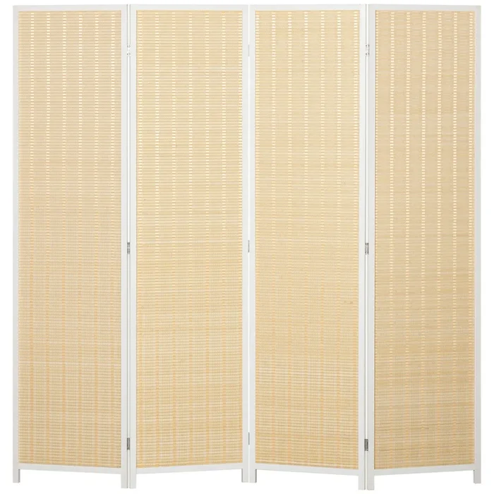 HOMCOM Biombo de 4 Paneles Plegable 180×180 cm Separador de Ambientes Divisor de Habitación Tejido a Mano de Bambú e Hilo de Algodón Decoración Elegante para Salón Blanco