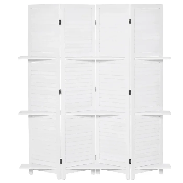 HOMCOM Biombo Separador de Madera de 4 Paneles Divisor de Habitaciones Plegable con 3 Estantes Extraíbles Diseño Persiana para Dormitorio Oficina 160×170 cm Blanco