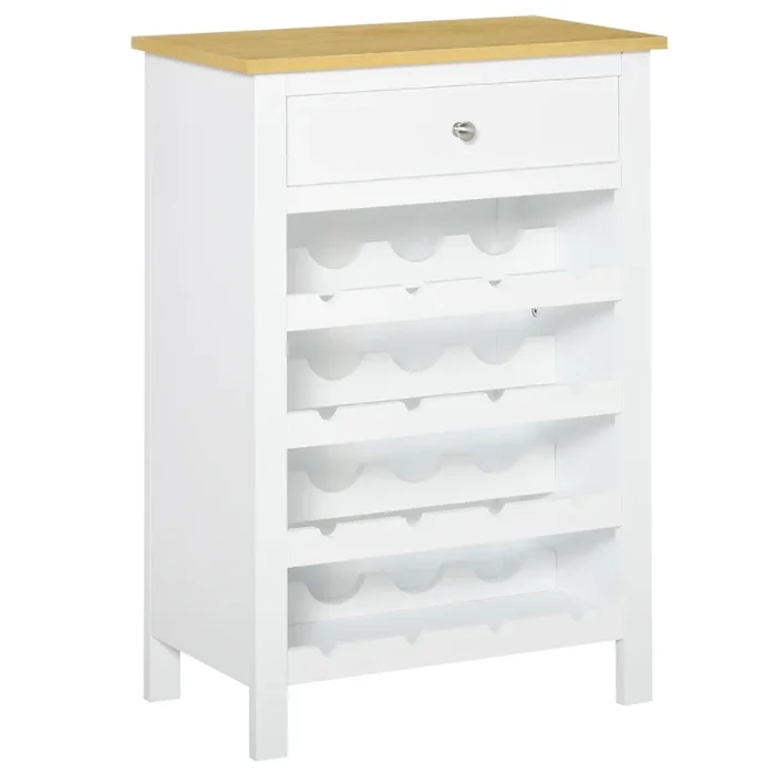 HOMCOM Botellero Estante de Vino para 16 Botellas con 1 Cajón Soporte de Botellas de Pie para Cocina Comedor Bar Antivuelco 55x30x80 cm Blanco