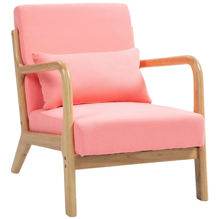 HOMCOM Butaca de Salón Butaca Nórdica Sillón de Salón con Reposabrazos Cojín y Marco de Madera de Caucho para Dormitorio Carga 120 kg 61x78x76 cm Rosa