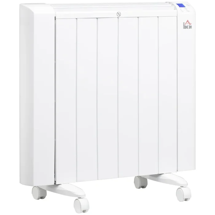 HOMCOM Calefactor para Pared y Suelo 1500W Radiador Convector de Bajo Consumo Silencioso con Pantalla LCD 4 Modos Programable 6 Elementos Termostato Temporizador y 4 Ruedas Aluminio 67x31x68 cm Blanco