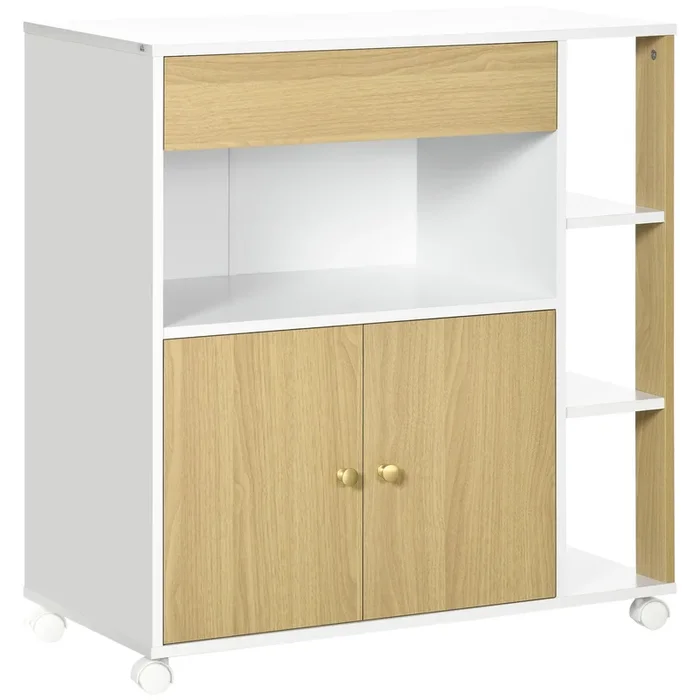 HOMCOM Carrito de Cocina Carrito Auxiliar con Ruedas 2 Puertas Cajón Almacenamiento Abierto y 3 Estantes Laterales para Comedor Salón 80x39x85,5 cm Roble y Blanco